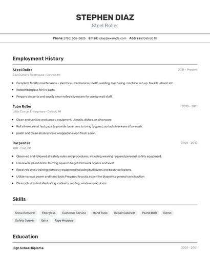 Steel Roller Resume