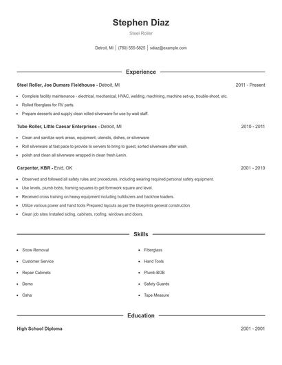 Steel Roller Resume