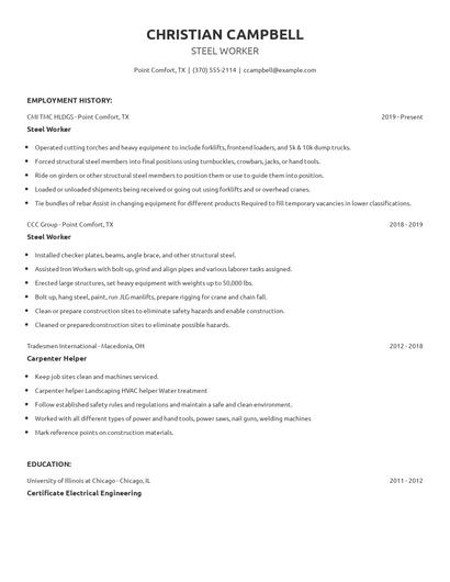 Steel Worker Resume