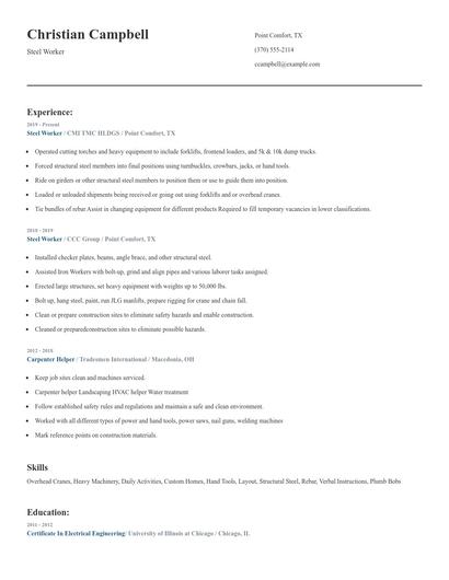Steel Worker Resume