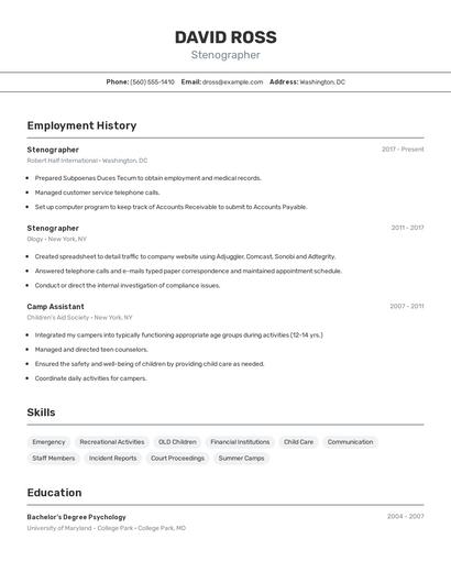 Stenographer Resume