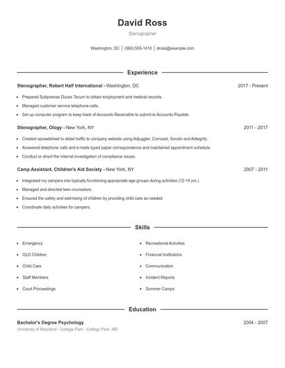 Stenographer Resume