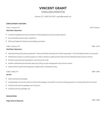 Sterilizer Operator Resume