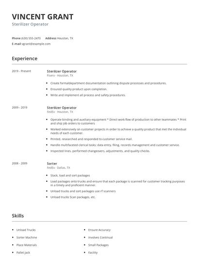 Sterilizer Operator Resume