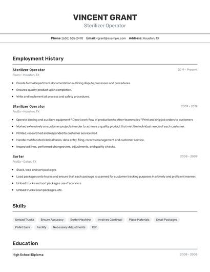 Sterilizer Operator Resume