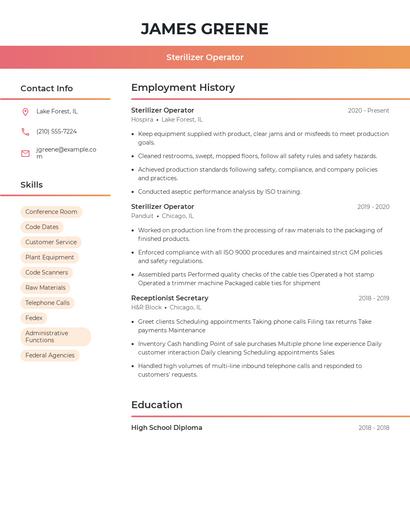 Sterilizer Operator Resume