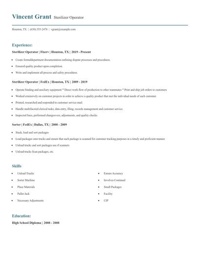 Sterilizer Operator Resume