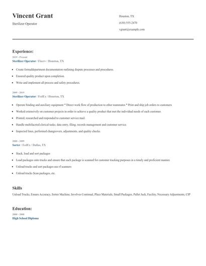 Sterilizer Operator Resume