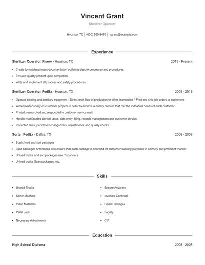 Sterilizer Operator Resume