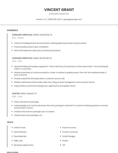 Sterilizer Operator Resume