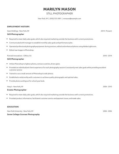 Still Photographer Resume