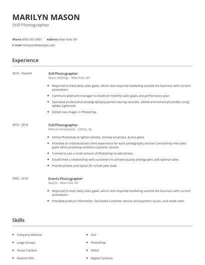 Still Photographer Resume