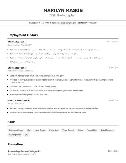 Still Photographer Resume
