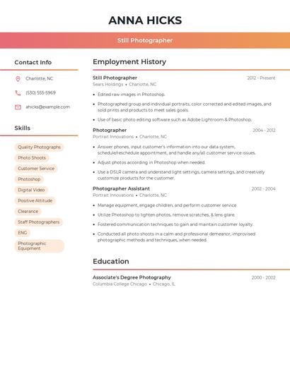 Still Photographer Resume