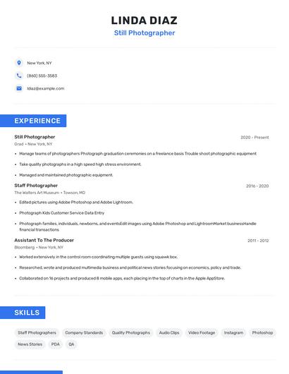 Still Photographer Resume