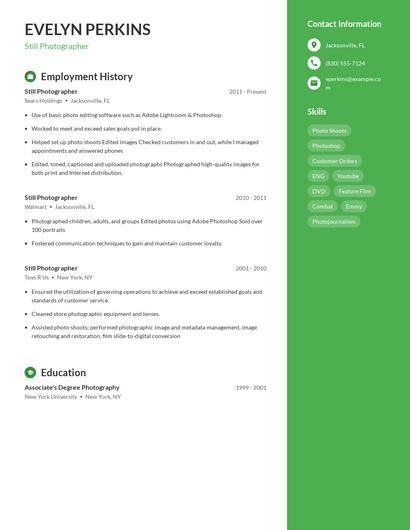 Still Photographer Resume