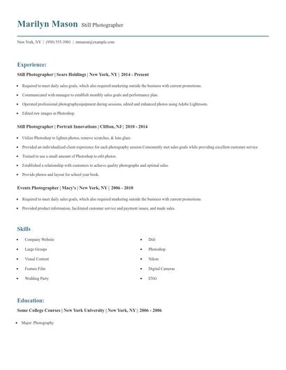 Still Photographer Resume