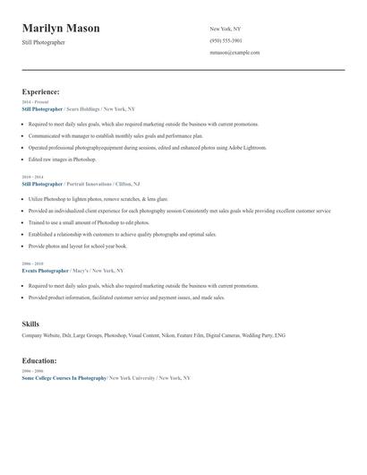 Still Photographer Resume