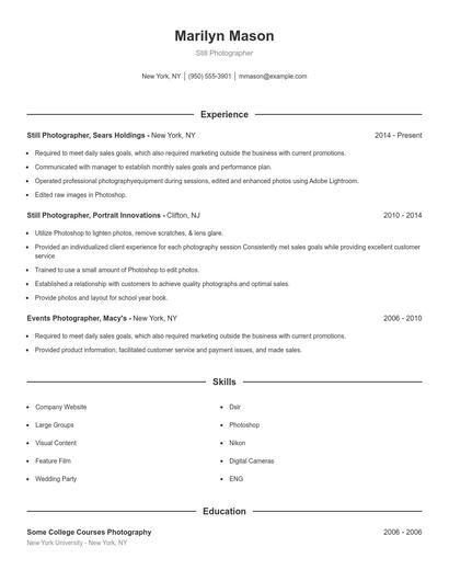 Still Photographer Resume
