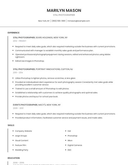 Still Photographer Resume