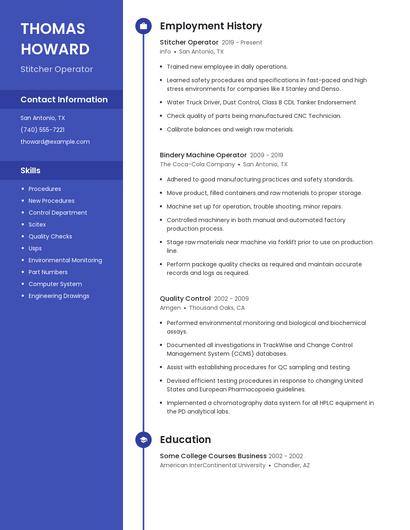 Stitcher Operator Resume