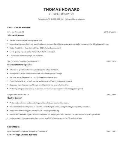 Stitcher Operator Resume