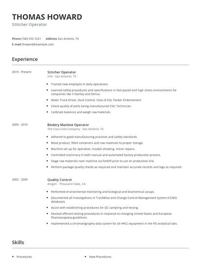 Stitcher Operator Resume