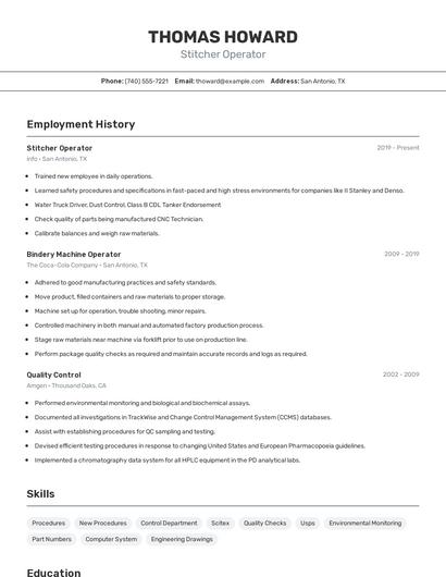 Stitcher Operator Resume