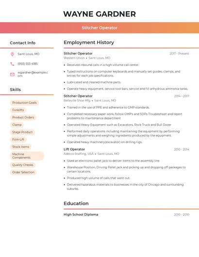 Stitcher Operator Resume