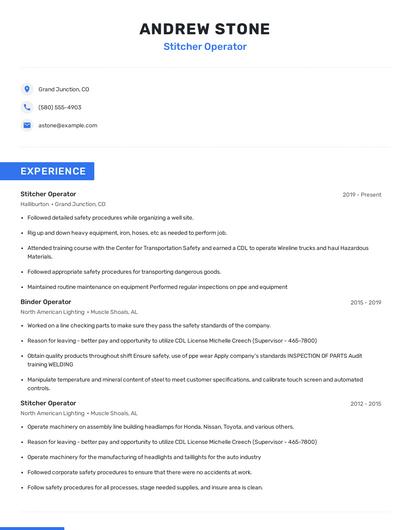 Stitcher Operator Resume