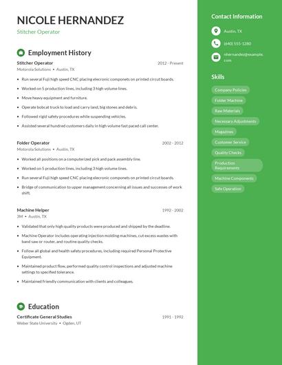Stitcher Operator Resume