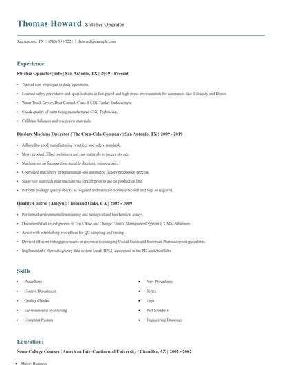 Stitcher Operator Resume