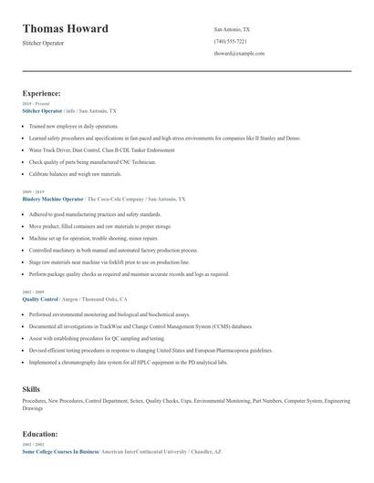 Stitcher Operator Resume