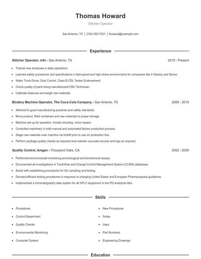 Stitcher Operator Resume