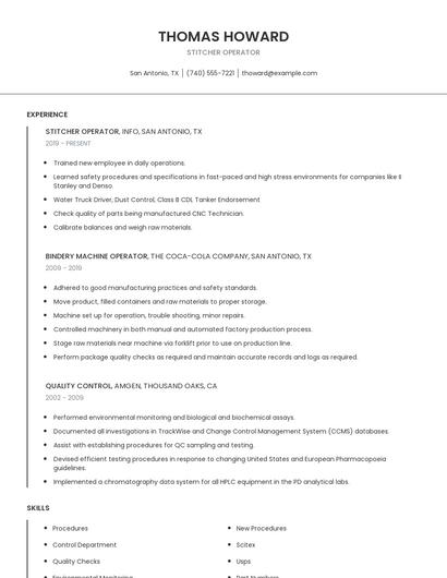 Stitcher Operator Resume