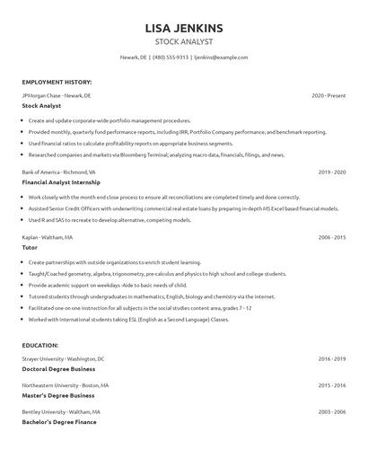 Stock Analyst Resume