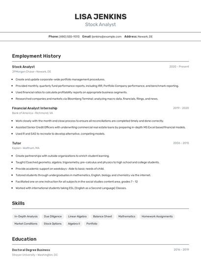 Stock Analyst Resume