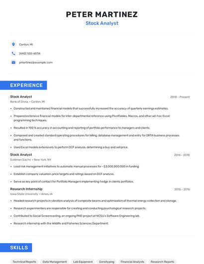 Stock Analyst Resume