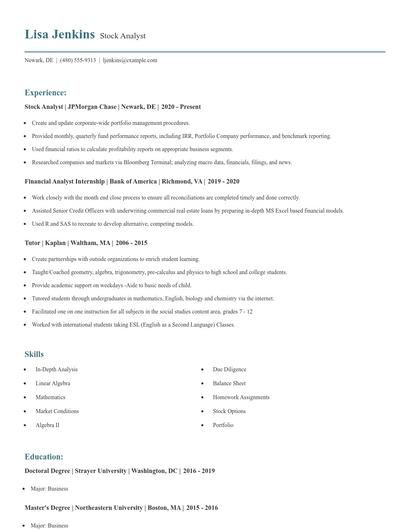 Stock Analyst Resume