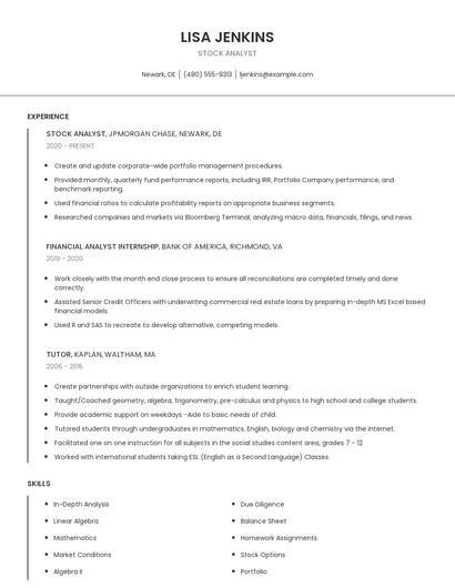 Stock Analyst Resume