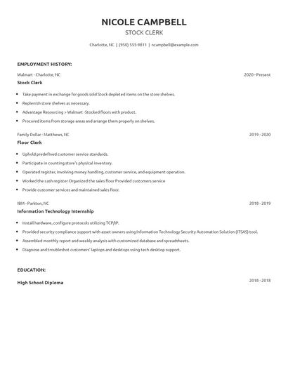 Stock Clerk Resume