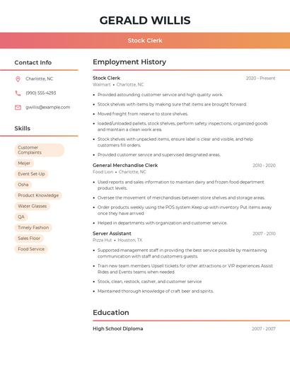 Stock Clerk Resume
