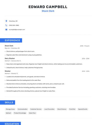 Stock Clerk Resume