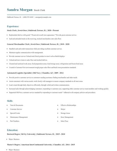 Stock Clerk Resume