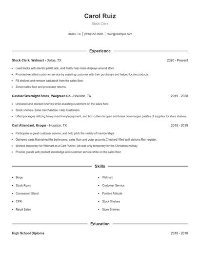 Stock Clerk Resume