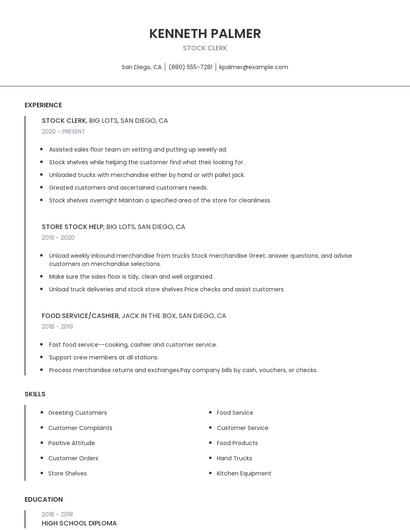 Stock Clerk Resume