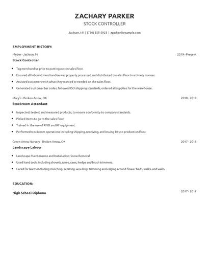 Stock Controller Resume