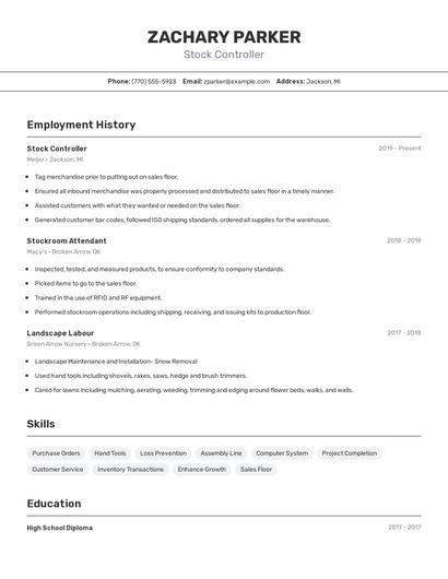 Stock Controller Resume