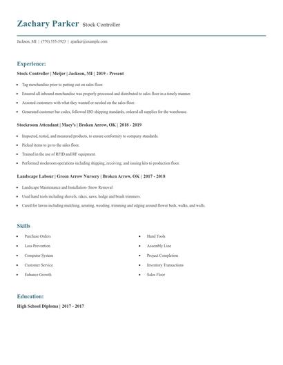 Stock Controller Resume