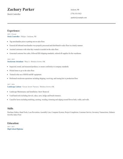 Stock Controller Resume